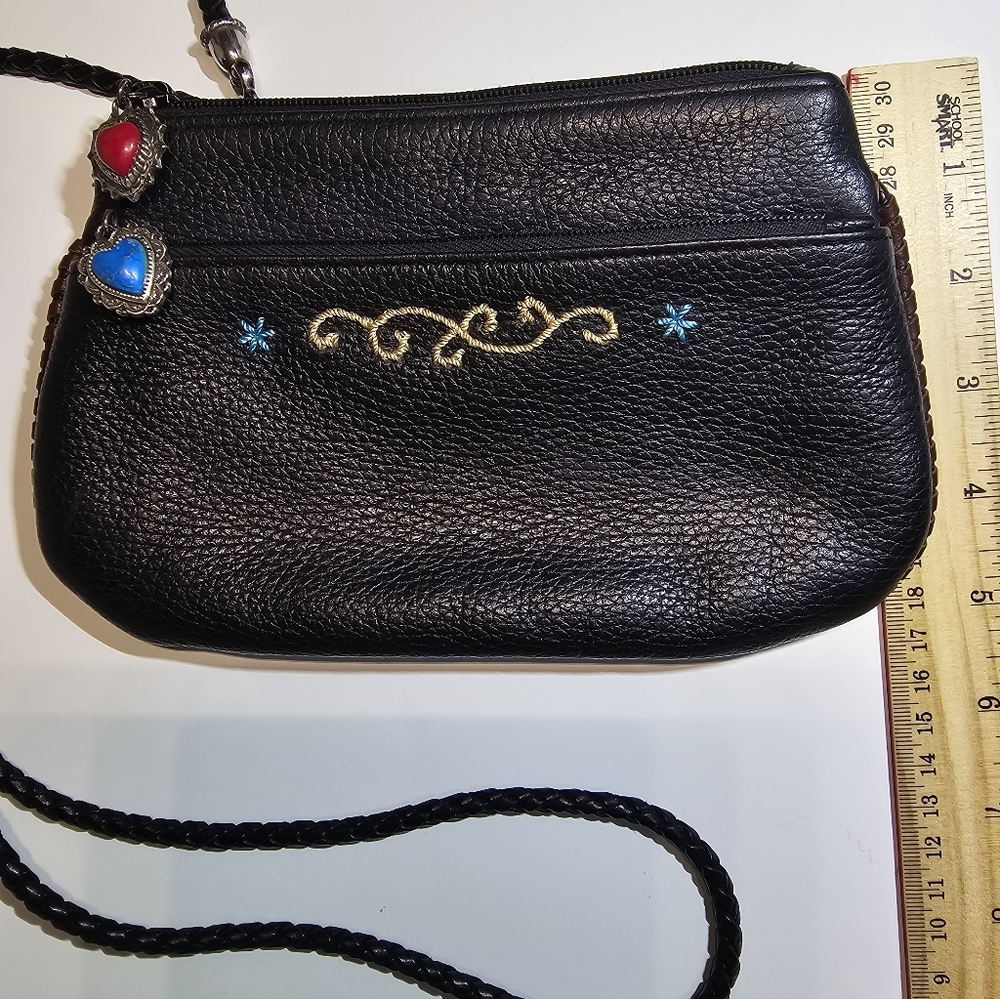 VTG 90s Brighton One World Crossbody Black Leather Plaid Lining Enamel Charms